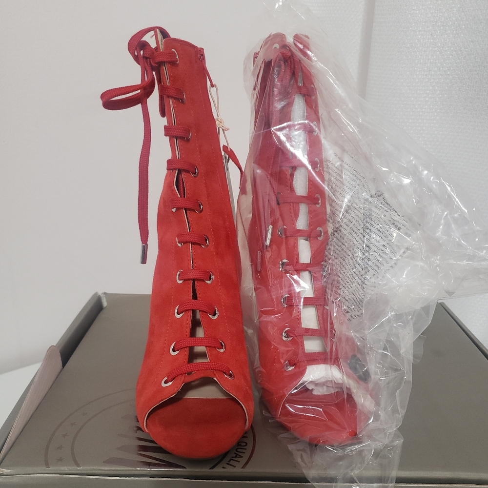 H&M Women's Red Suede Lace Up Open Toe Heels~ SIize 6